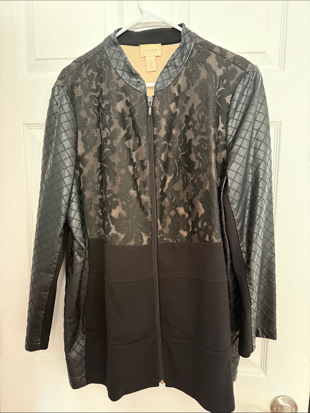 Chico's Black Mixed-Media Bomber Jacket with Lace Overlay